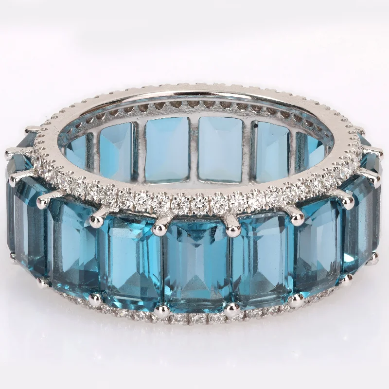 Rings with blue quartz for cool tones -Miadora Octagon-cut London-Blue Topaz & 5/8ct TDW Diamond Full-Eternity Band in 14k White Gold