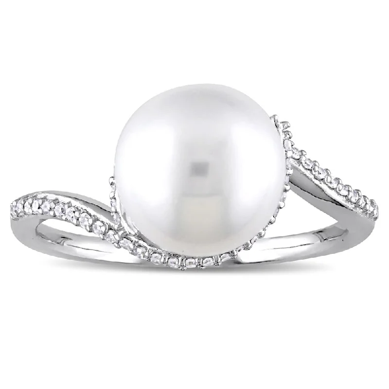 Rings with hammered silver for rustic appeal -Miadora Signature Collection 10k White Gold Cultured Freshwater Pearl and 1/6ct TDW Diamond Bypass R