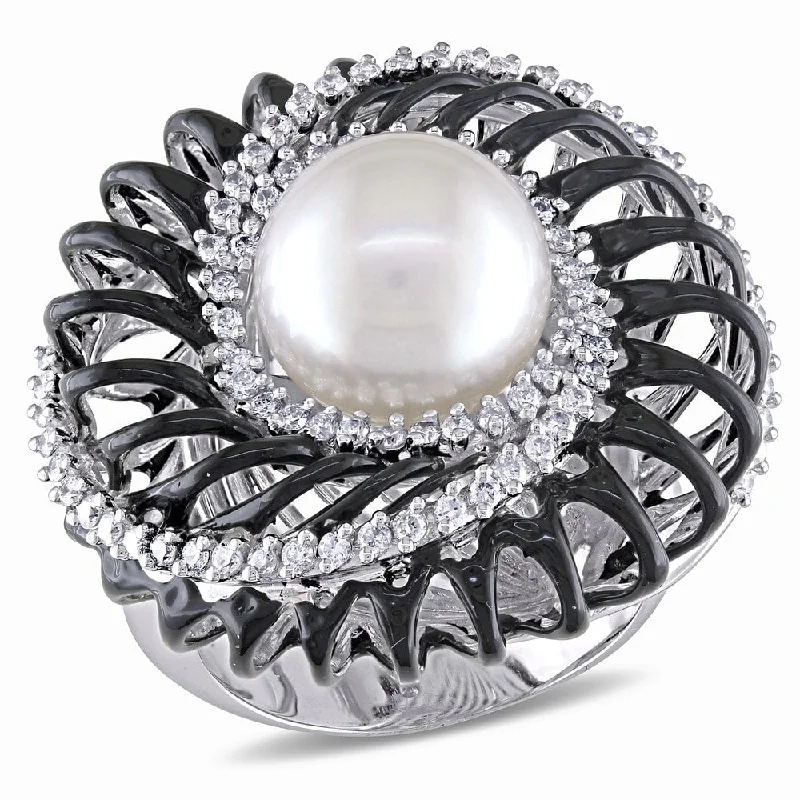 Rings with oxidized silver for antique appeal -Miadora Signature Collection 18k White Gold South Sea Pearl and 5/8ct TDW Diamond Ring (G-H, SI1-SI2