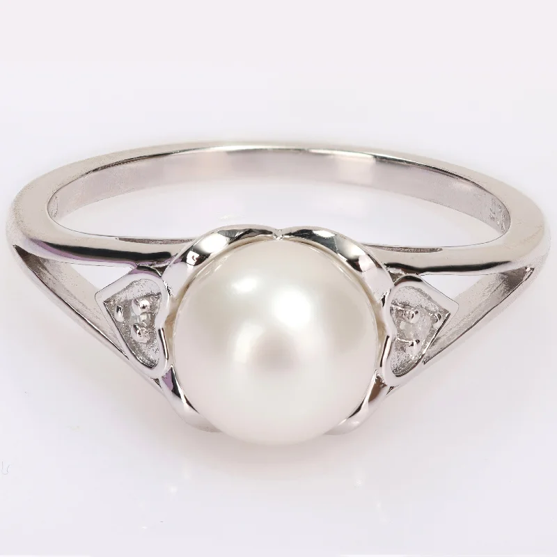 Dainty rings with subtle engraved star motifs -Miadora Sterling Silver Cultured FW Pearl & Diamond Accent Solitaire Split Shank Ring (7-7.5mm)