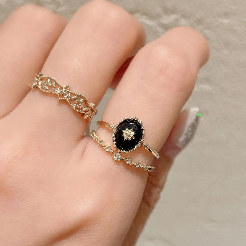 Rings with polished onyx for sleek contrast -Natural Black Agate Flower Cut Ring