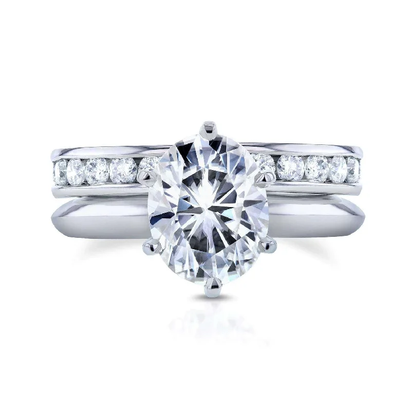 Rings with floral halo diamond arrangements -9x7 Oval Moissanite & Diamond Eternity Bridal Set, 3-1/10ct.tw