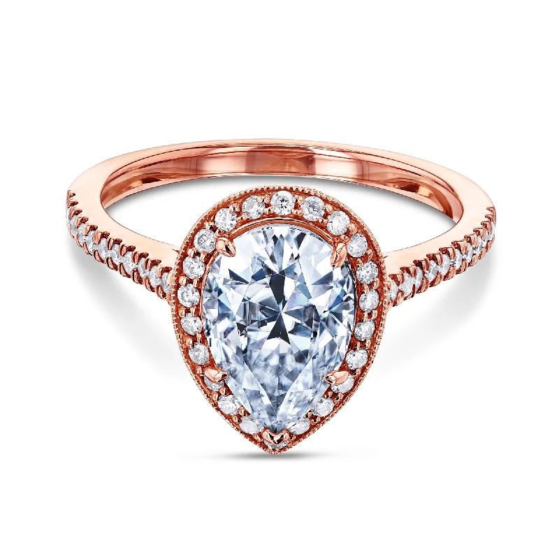 Rose gold rings featuring delicate pearl inlays -10x7 Pear Moissanite and Diamond Halo, 2-1/2ct.tw