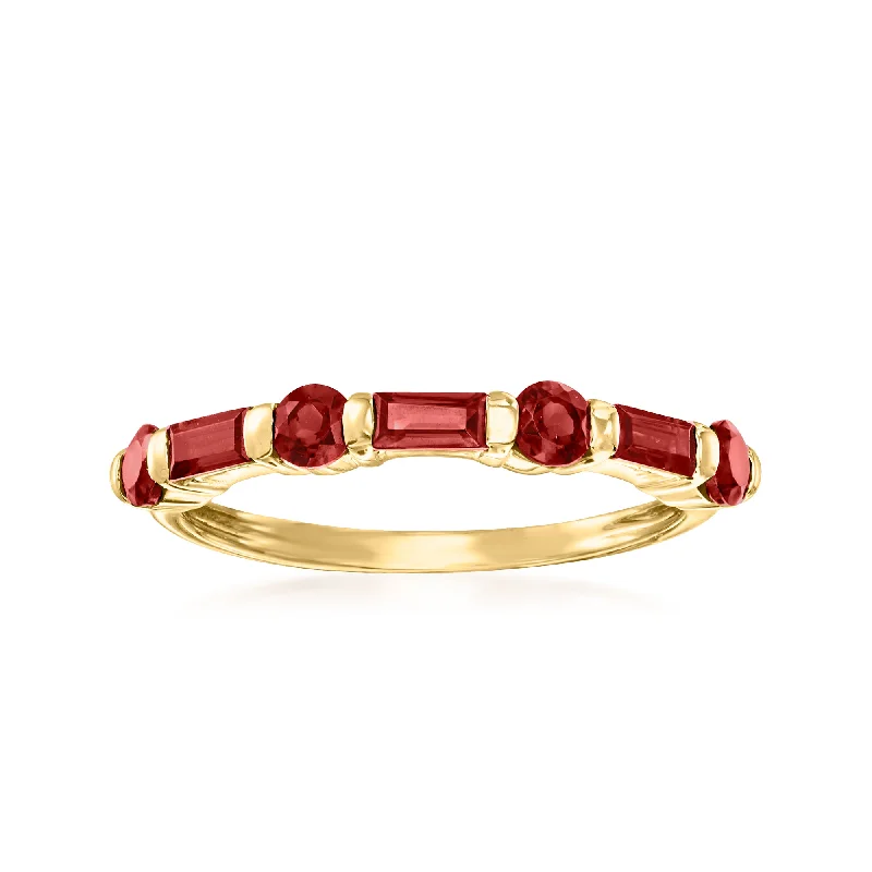 Rings with vine-wrapped bands for nature -Ross-Simons Baguette and Round Garnet Ring in 14kt Yellow Gold