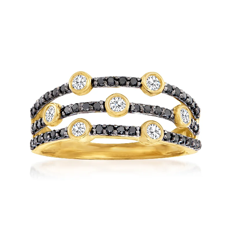 Rings with vintage claw prongs for elegance -Ross-Simons Black and White Diamond 3-Row Ring in 14kt Yellow Gold