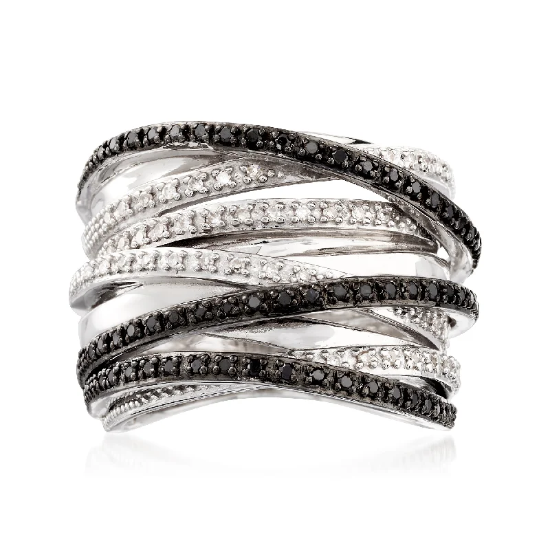 Rings with vine-wrapped bands for nature -Ross-Simons Black and White Diamond Highway Ring in Sterling Silver