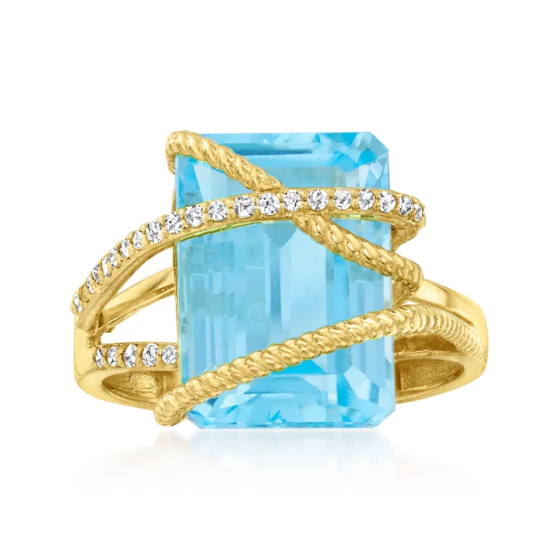 Rings with blue quartz for cool tones -Ross-Simons Blue Topaz and . Diamond Crisscross Ring in 14kt Yellow Gold