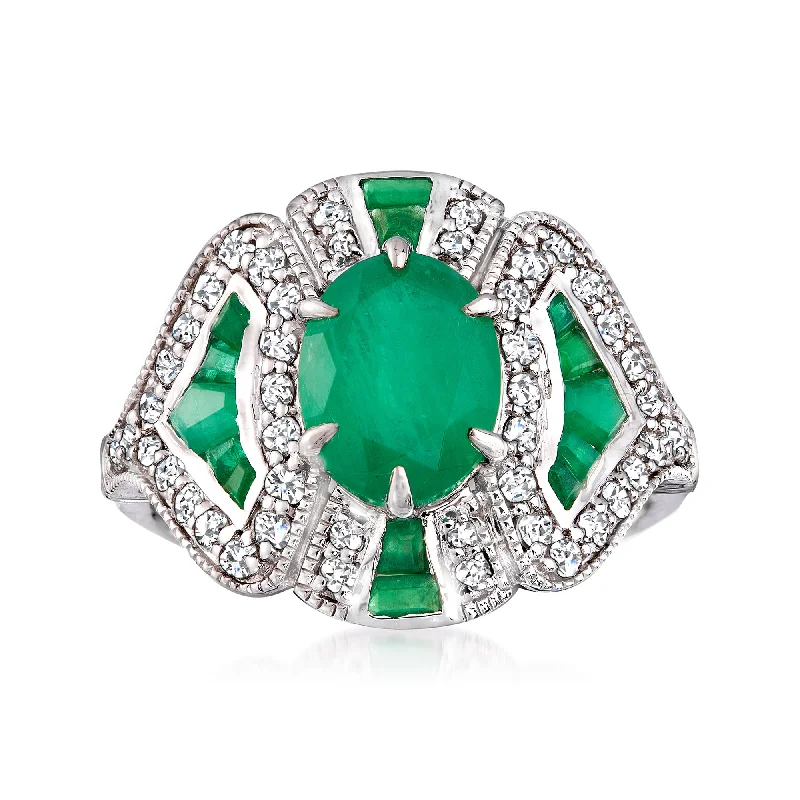 Rings with double bands for modern twist -Ross-Simons Emerald and . Diamond Ring in 18kt White Gold