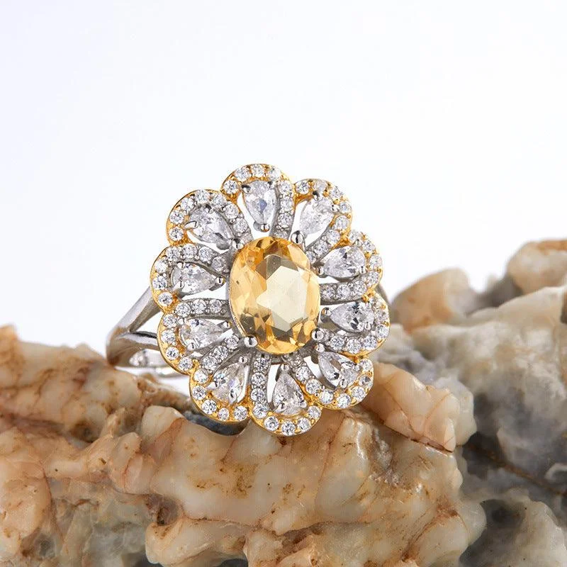 Rings with carved onyx for bold sleekness -S925 Sterling Silver Inlaid Natural Citrine Flower Ring