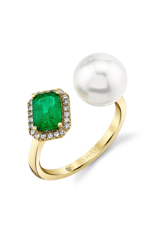 Rings with tiger eye bands for warmth -PEARL EMERALD TILTED HALO TWIN RING