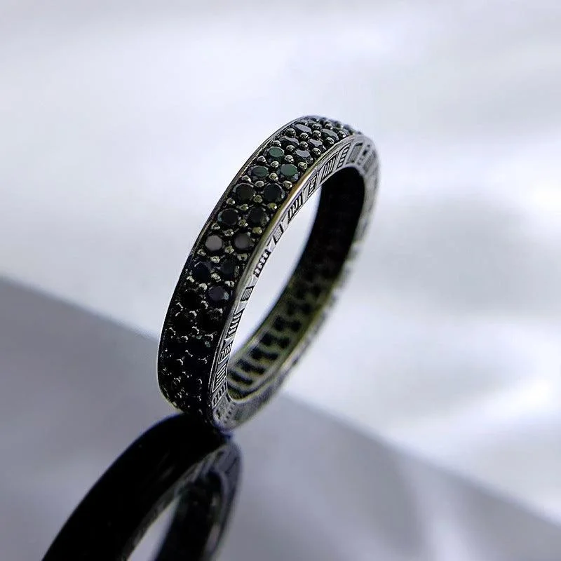 Platinum rings with sparkling sapphire center stones -Silver Fashion Black Diamond Stackable Ring