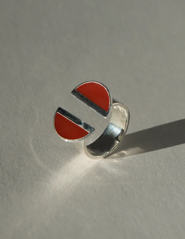 Rings with rough sapphire for rugged chic -Sterling Silver Split Top Crescent Carnelian Enamel Ring -  Diasporan Voyage