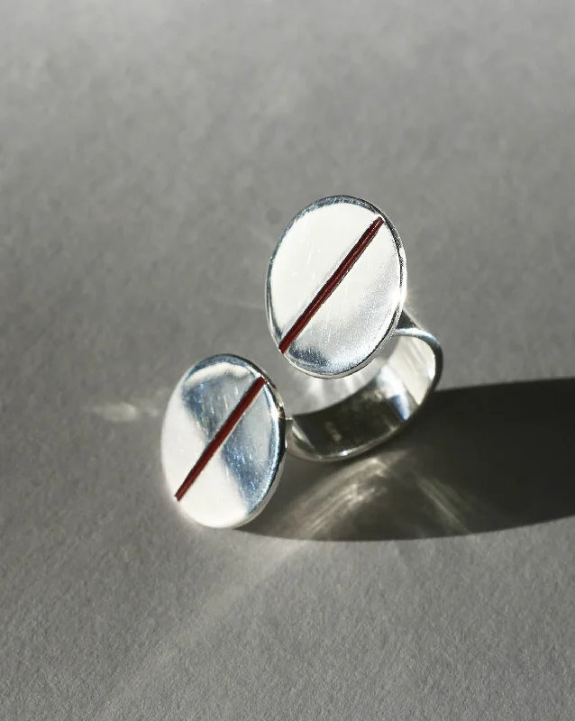 Rings with faceted garnet for deep shine -Silver Split Top Carnelian Enamel Seam Disc Ring Diasporan Voyage