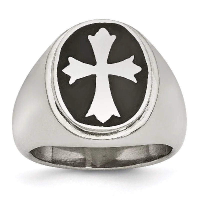 Rings with polished onyx for sleek contrast -Stainless Steel Enameled Cross Polished Ring