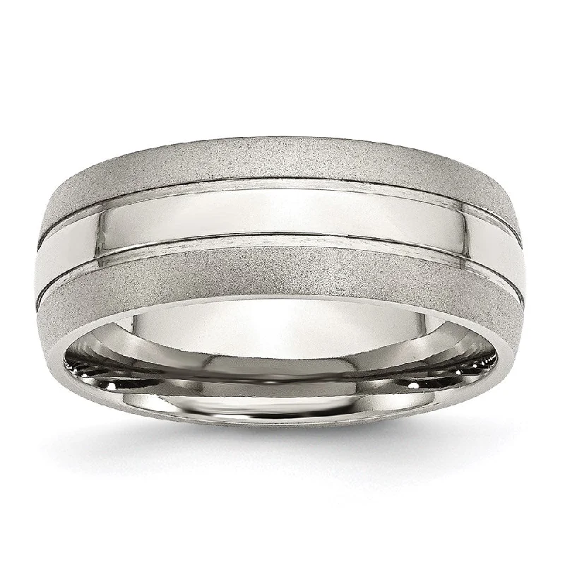 Rings with polished jade for smooth calm -Stainless Steel Grooved 8mm Brushed and Polished Band | SR94