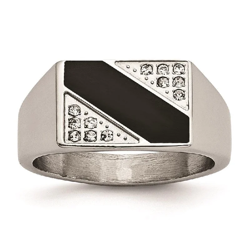 Rings with adjustable bands for perfect fit -Stainless Steel Polished Black Enameled CZ Signet Ring