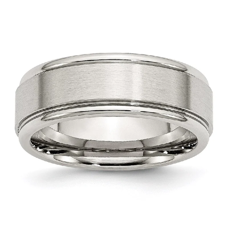 Chunky rings with hammered gold band texture -Stainless Steel Ridged Edge 8mm Brushed and Polished Band | SR90