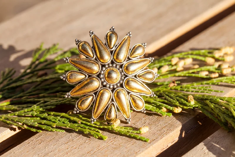 Rings with tiger eye bands for warmth -Two Toned Flower Ring