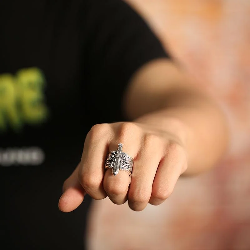 Rings with tiger eye bands for warmth -Unique Punk Style Sword Ring Male Vintage Thai Silver