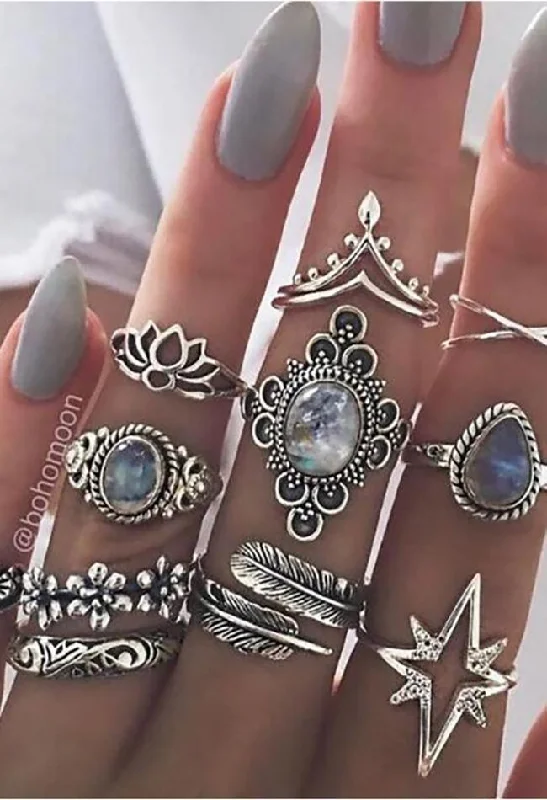 Rings with sunburst citrine for radiant appeal -Vintage Carved Starry Gems 11 Piece Set