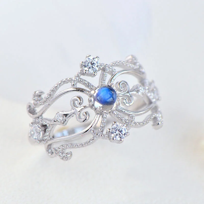 Rings with star sapphire for unique glow -Vintage Moonstone Ring White Gold Plated Silver engagement Ring June Birthstone Women