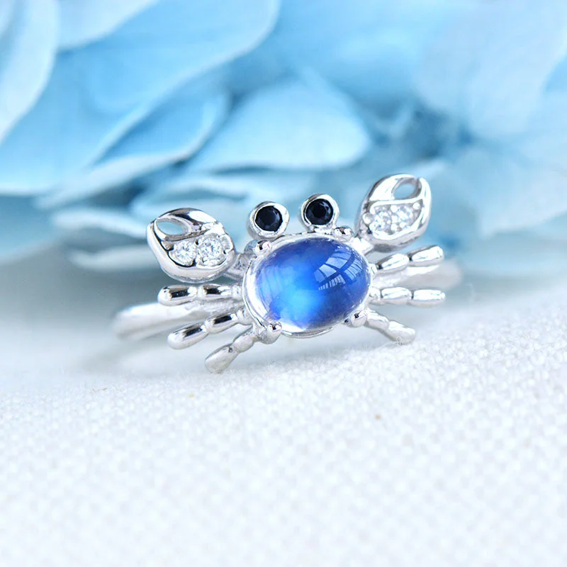 Rings with faceted aquamarine for sea glow -Crab Shaped Women's Sterling Silver Genuine Blue Moonstone Ring June Birthday Jewelry for Women