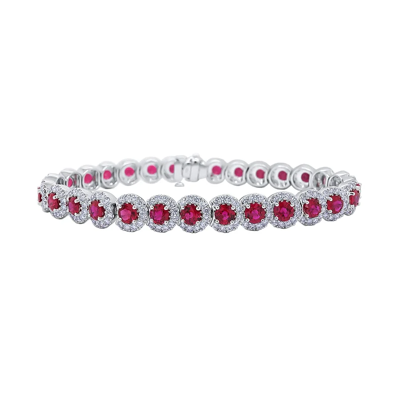 Stacked bangle bracelets with alternating textures for a dynamic, trendy look-Ruby & Diamond Overlaping Halo Bracelet