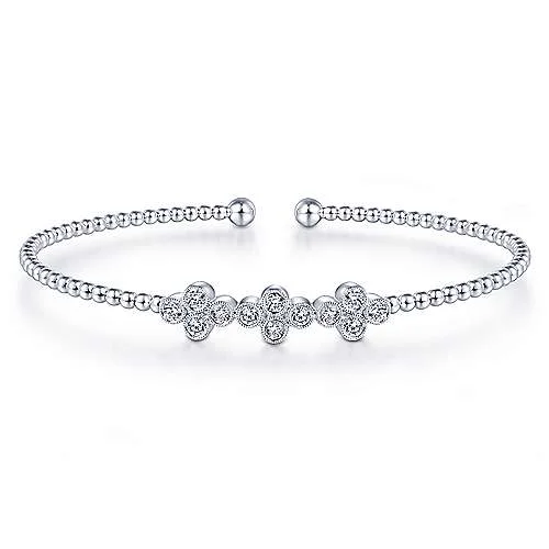 Thin bangle bracelets with mixed metals for a contemporary and versatile look-Quatrefoil Bead Cuff Diamond Bracelet in 14K White Gold