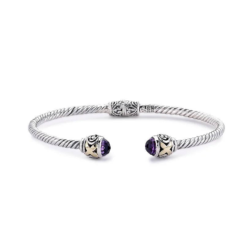 Best bangle bracelets with turquoise and silver for a Southwestern-inspired aesthetic-Amethyst Bangle, Sterling Silver & 18K Gold X Design Bangle