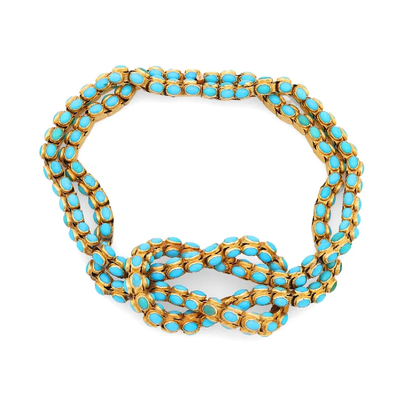 Stacked bangle bracelets with alternating textures for a dynamic, trendy look-Antique French 11.80 carat total weight turquoise 18k yellow gold knot bracelet