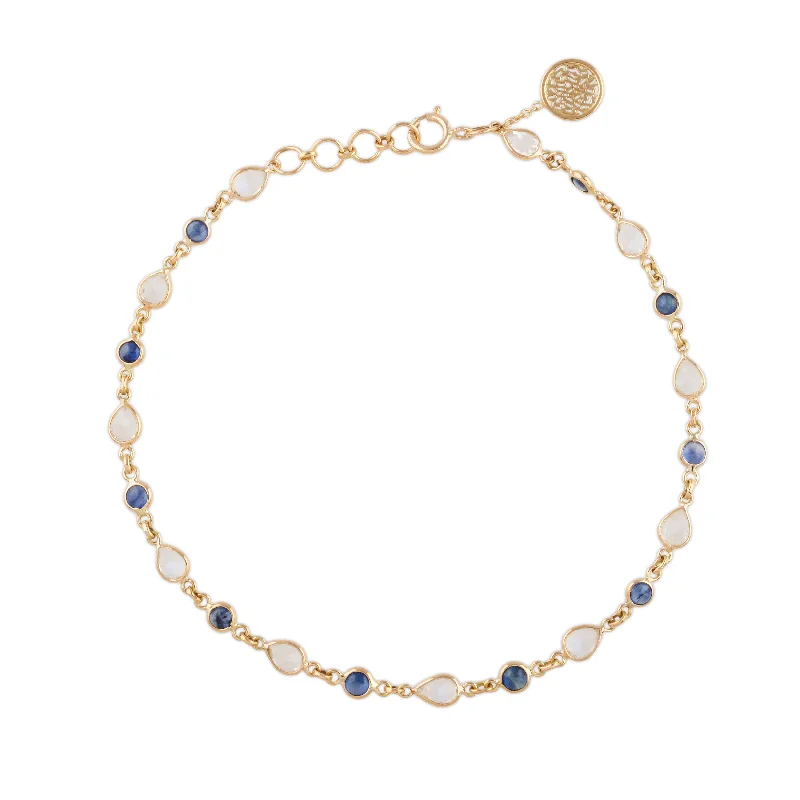 Wide bangle bracelets with boho-inspired patterns for a free-spirited design-Blue Sapphire Round & Rainbow Moonstone Pear Shape Link to Link Bracelet In 18K Yellow Gold