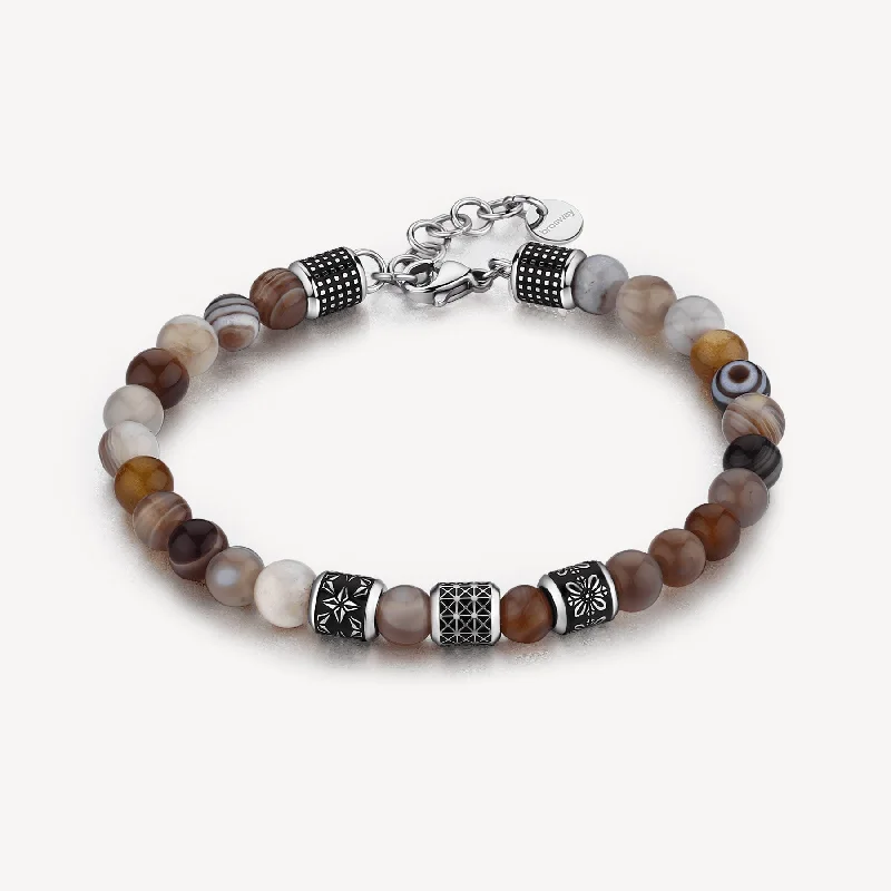 Best bangle bracelets with pastel-colored stones for a soft and delicate appearance-Botswana Agate Bead Bracelet in Stainless Steel