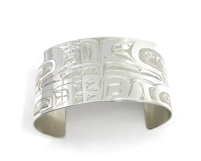 Wide bangle bracelets with animal print designs for a bold and exotic look-Bracelet- S. Sheakley, Silver, Lovebird, 1.5"