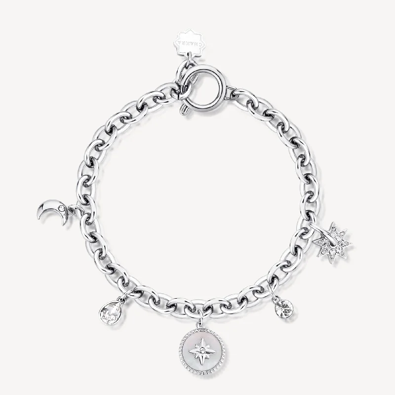 Customizable bangle bracelets with initials for a personalized, meaningful gift-Celestial Crystal and Mother-of-Pearl Charm Bracelet in Stainless Steel