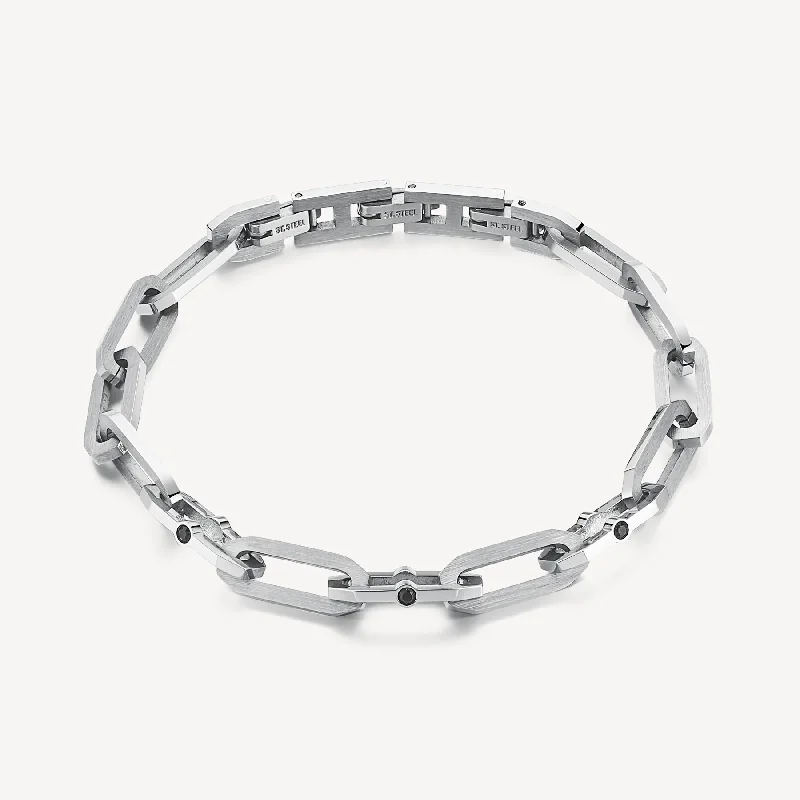 Sleek bangle bracelets with black enamel for a sophisticated and modern look-Crystal Accented Chain Link Satin Bracelet in Stainless Steel