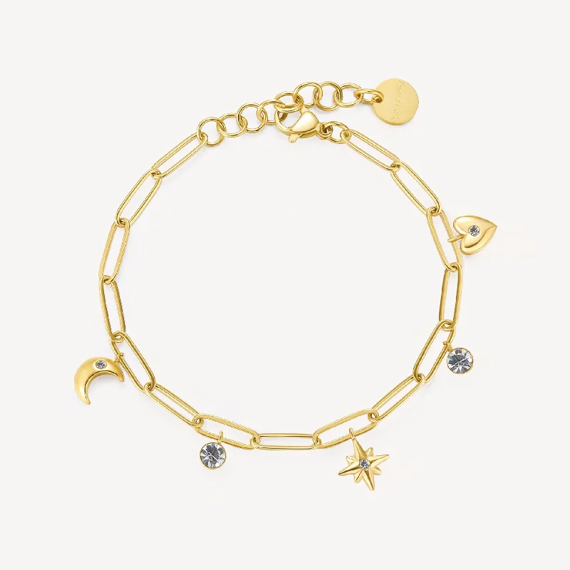 Best bangle bracelets with hammered gold finishes for a textured, rustic feel-Crystal and Celestial Charm Bracelet in Gold Plated Stainless Steel