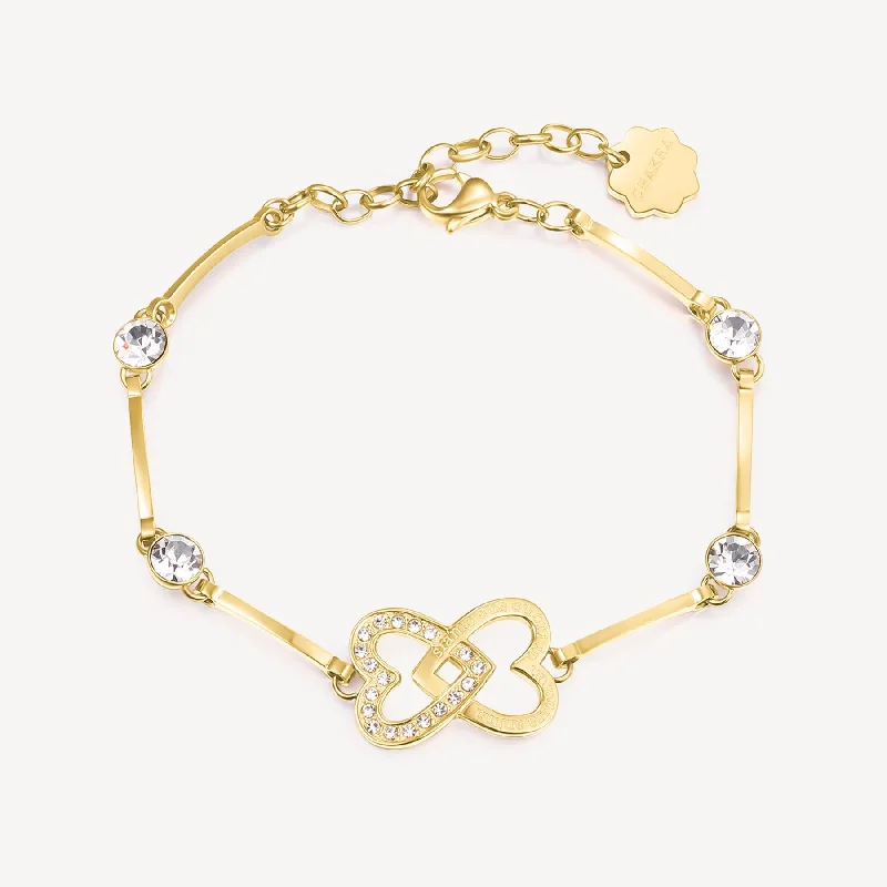 Best bangle bracelets with thin, delicate chains for an understated, sophisticated look-Crystal Heart Station Bracelet in Gold Plated Stainless Steel