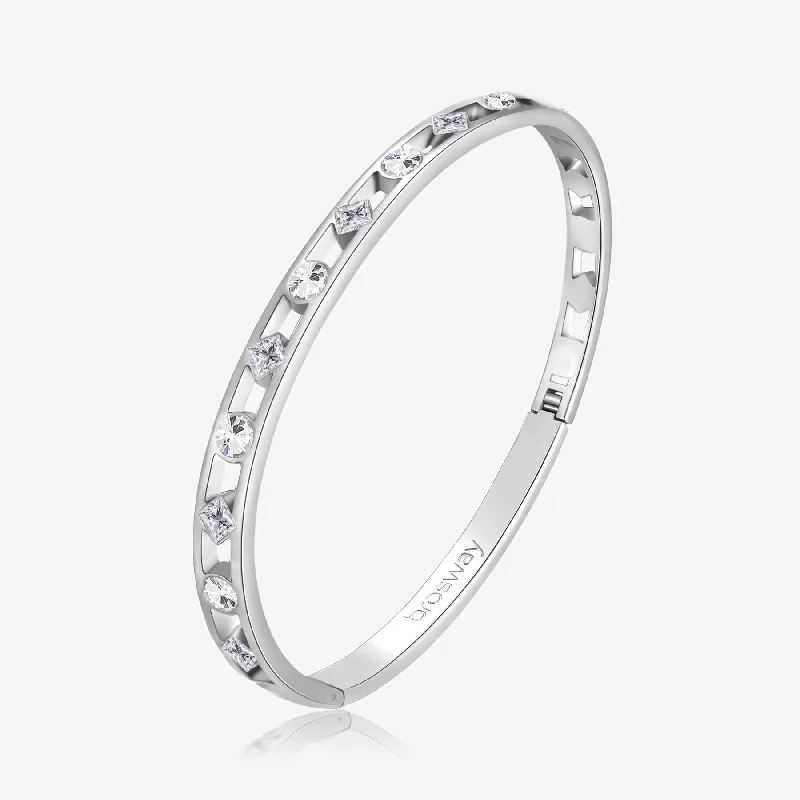 Best bangle bracelets with minimalist silver designs for a timeless, versatile look-Crystal Station Bangle Bracelet in Stainless Steel