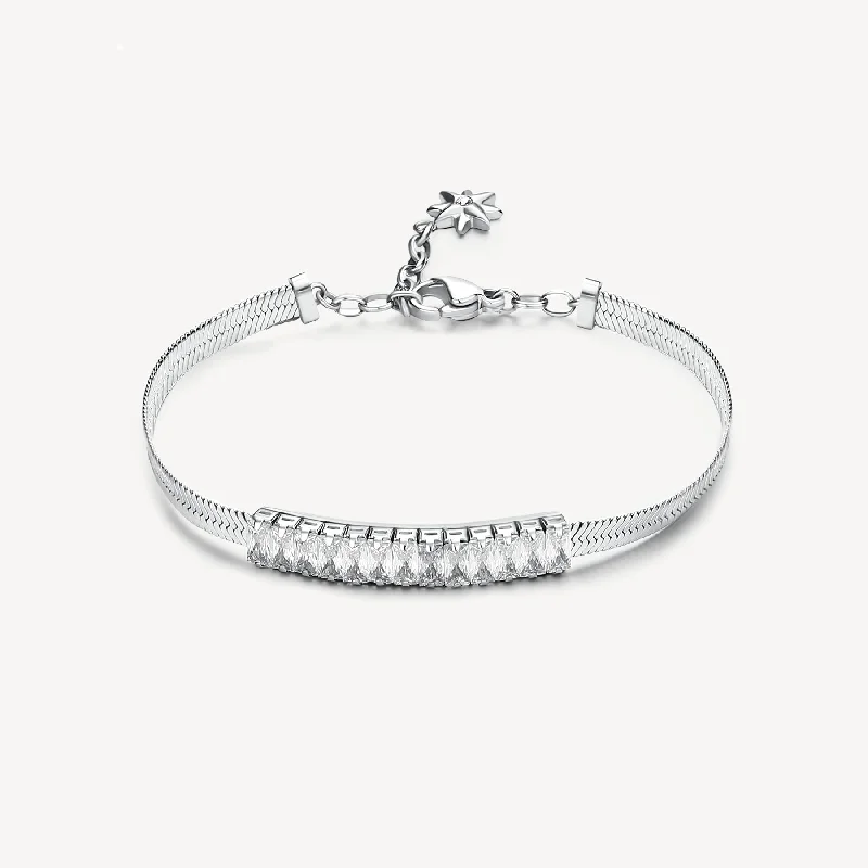 Wide bangle bracelets with bohemian designs for a bold and carefree style-Cubic Zirconia Herringbone Bracelet in Stainless Steel