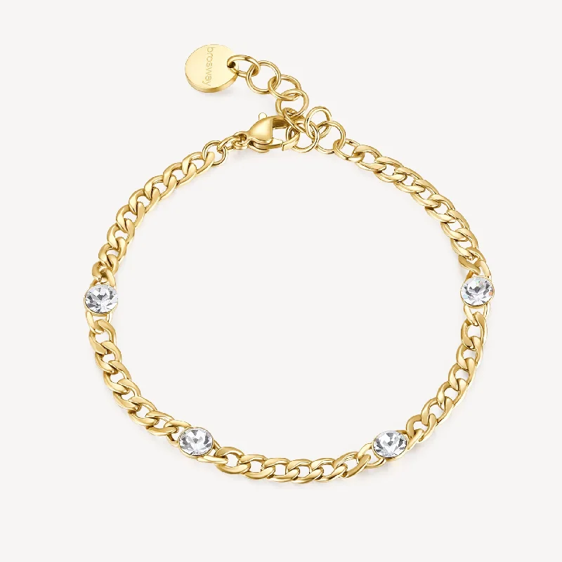 Best bangle bracelets with heart-shaped charms for a romantic and sweet touch-Curb Chain Bracelet with Crystal Stations in Gold Plated Stainless Steel