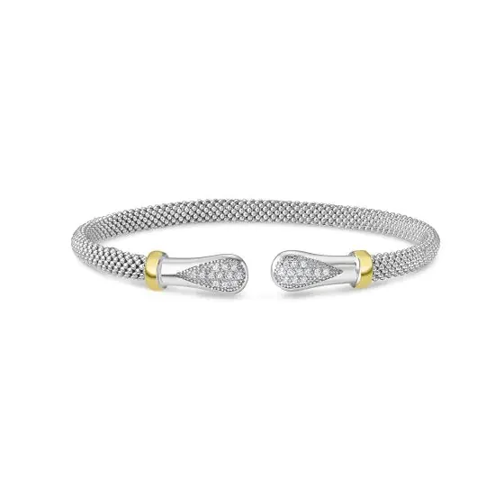 Best bangle bracelets with smooth sterling silver for a polished, refined finish-Diamond Teardrop Popcorn Bangle in Sterling Silver & 18K Yellow Gold