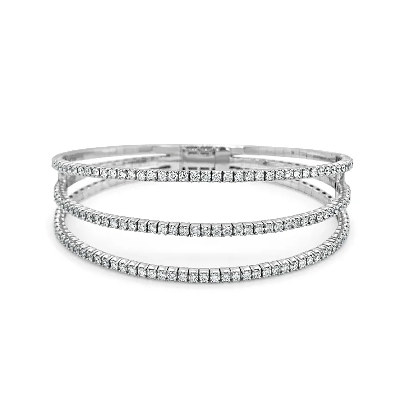 Best bangle bracelets with solid gold for an elegant and luxurious design-Diamond Triple-Row Flexible Bangle in 14K White Gold