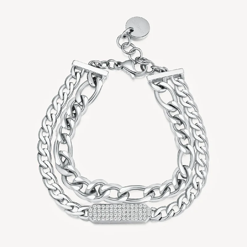 Best bangle bracelets with braided designs for a textured and sophisticated look-Double-Strand Link and Crystal Bar Bracelet in Stainless Steel