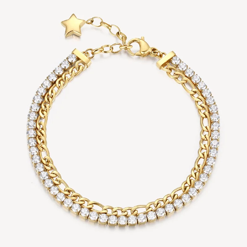 Best bangle bracelets with customizable charms for a personalized, unique piece-Double-Strand Link Crystal and Figaro Bracelet in Gold Plated Stainless Steel