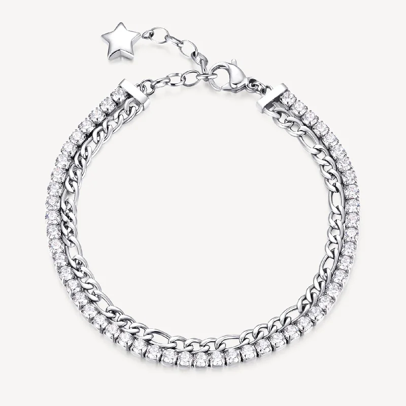 Thin bangle bracelets with mixed metals for a contemporary and versatile look-Double-Strand Link Crystal and Figaro Bracelet in Stainless Steel