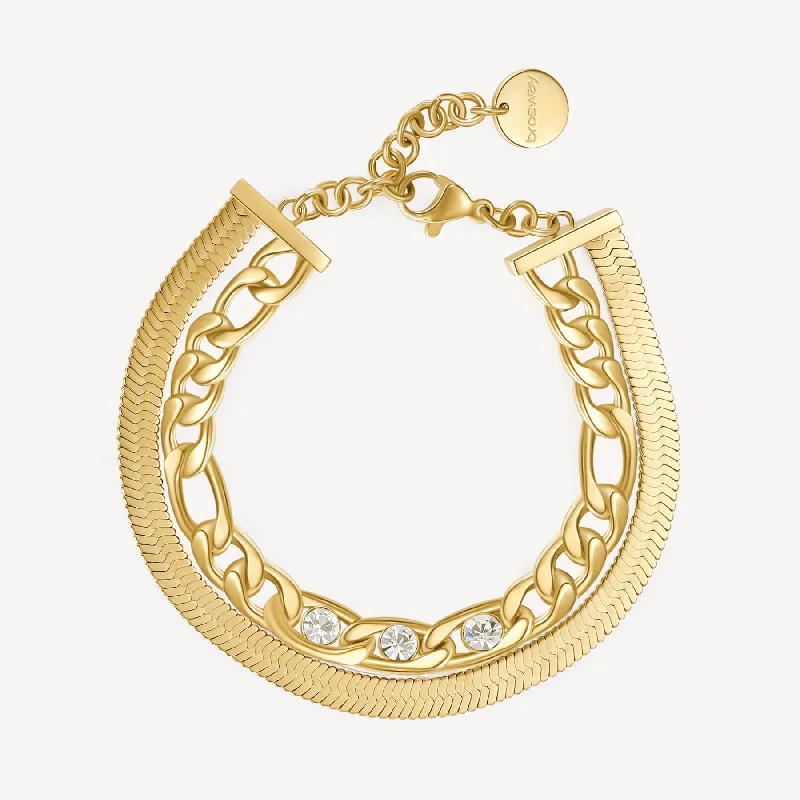 Best bangle bracelets with pastel-colored stones for a soft and delicate appearance-Double-Strand Link Crystal Link and Herringbone Bracelet in Gold Plated Stainless Steel