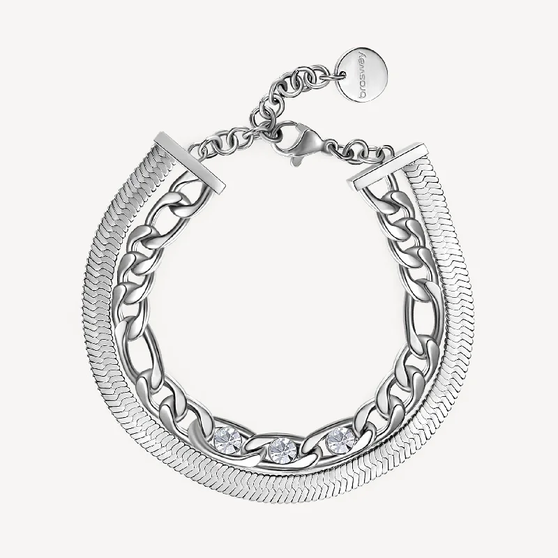 Best bangle bracelets with engraved floral patterns for a delicate and elegant design-Double-Strand Link Crystal Link and Herringbone Bracelet in Stainless Steel