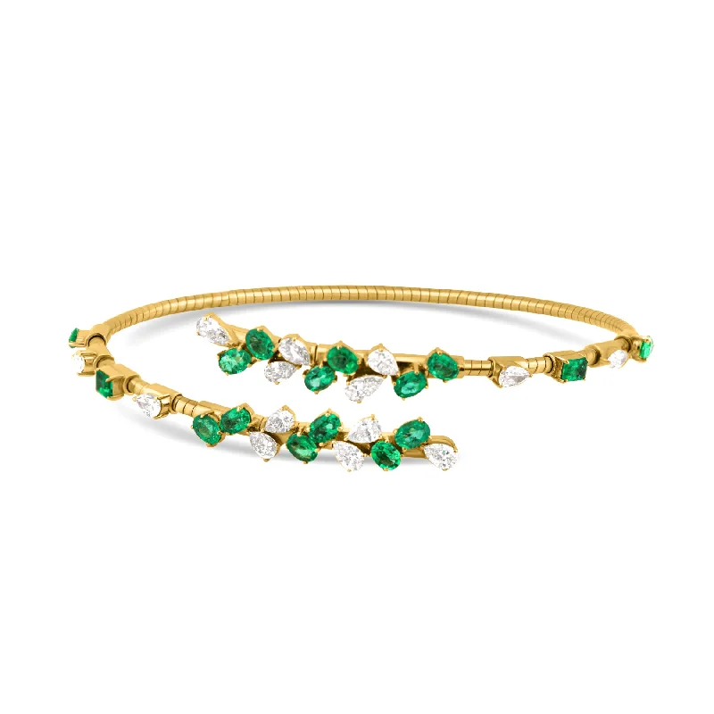 Best bangle bracelets for stacking with delicate and thin designs for layering-Emerald & Diamond Symphony Bracelet in 18K Yellow Gold