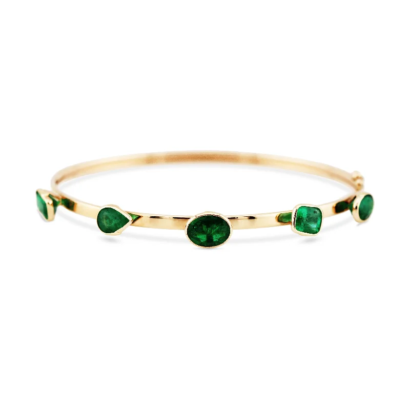 Best bangle bracelets with engraved birthstones for a personalized, meaningful gift-Emerald Mix Shape Bangle In 18K Yellow Gold