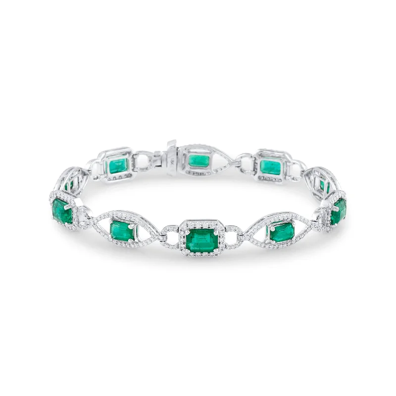 Wide bangle bracelets with bright gemstone accents for a bold, vibrant style-Emerald Rect. & Diamond Bracelet In 18K White Gold